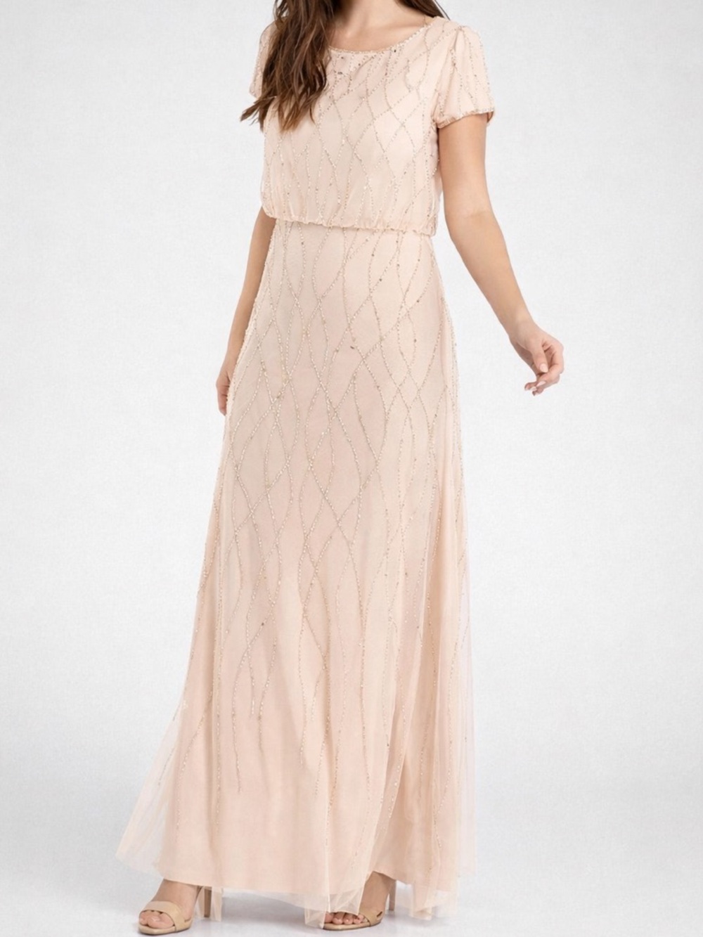 🆕✨ Adrianna Papell Blush Beaded Mesh Gown Maxi Dress Size 8 Sequin Nude Pink